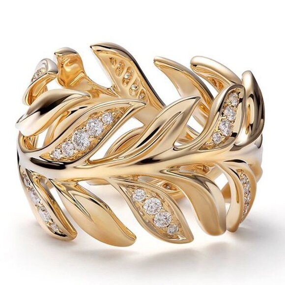 🎁 Eternity Chunky Trends Leaf Zircon Bague Leaf Fashion Ring for Women, PD712 - Picture 2 of 4